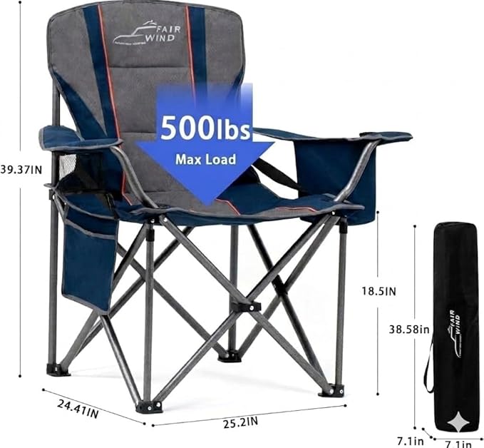 FAIR WIND 2 Pack Padded Camping Chair 500LBS Capacity Heavy Duty Oversized Folding Chair for Heavy People Portable Lawn Chair with Adjustable Lumbar Support, Cooler Bag & Cup Holder for Outdoor, Beach