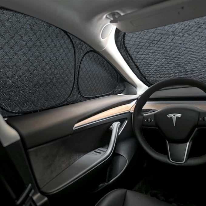 Upgraded TESBEAUTY Camping Privacy Curtain Designed for Tesla Model 3, Fit Highland Model 3. 4-Layer 7-Piece Camping Shades, Windshield Cover, Sunshades, Camping Screens UV Blocker Foldable 100% Fit
