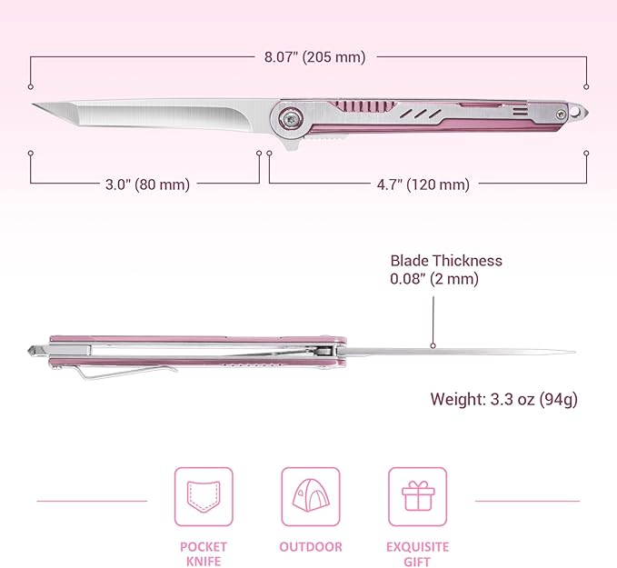 FUNBRO Pink Pocket Knife for Women - Slim EDC Knife with 7CR13Mov Steel Tanto Blade, Clip and Glass Breaker - Womens Knife for Self Defense - Cute Girl Survival Tool Pocket & Folding Knives