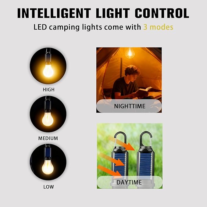 Solar Camping Light-4Packs, Rechargeable Tent Lamp with Hook, Vintage Outdoor Design