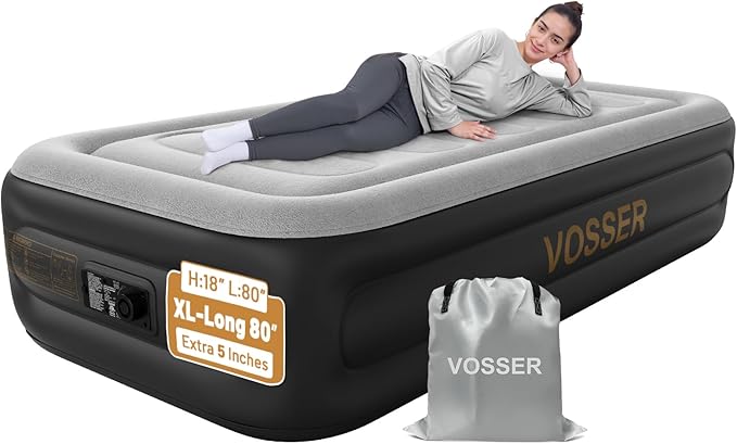VOSSER Twin Air Mattress with Built in Pump,18''Inflatable Mattress 2 Mins Self-Inflation/Deflation,XL-Long Blow up Mattress Thicker,Flocked Top Air Bed with Storage Bag for Home, Camping & Guests