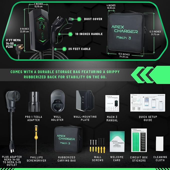 MACH 3 Fast 40 Amp Level 1&2 Portable EV Charger, Electric Vehicle Charging Station, 120-240V NEMA 14-50 w/ 5-15 Adapter. SAE J1772 car Connector & Tesla mobile NACS, Outdoor EVSE, 25ft Cable w/holder