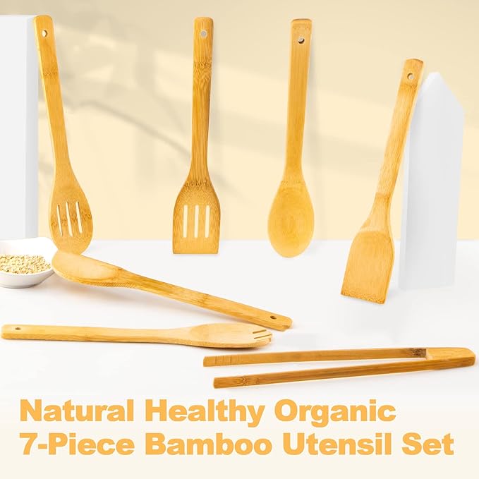 Eisinly Wooden Spoons for Cooking 7-Piece, Kitchen Nonstick Bamboo Cooking Utensils Set, Healthy Bamboo Wooden Spatula Spoon for Cooking