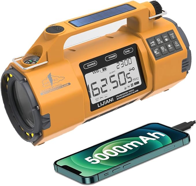 Emergency FM/AM/SW Weather Radio, Big Flashlight/Speaker,Type-C,Sleep Timer Alarm Clock, Solar Hand Crank Charge, 5000mAh Replaceable Battery,Cell Phone Charger Hurricane Survival kit