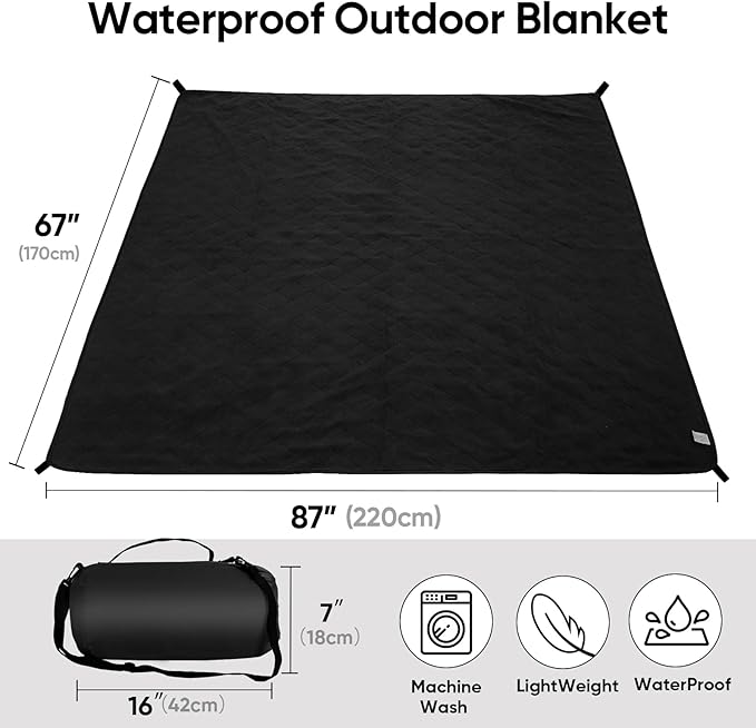 Waterproof Camping Blanket w/Fleece Lining, Large Stadium Blankets for Outdoor Cold Weather, Windproof Emergency Throw, LightWeight and Warm for Hiking, Dog, Picnic, Washable, 67”X 87” (Black, 1PCS)