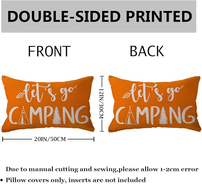 Adventure Camper Decorative Lumbar Pillowcase Double-sided Let’s Go Camping/Adventure Awaits Throw Pillow Covers Cabin/Camper Cushion Covers 12x20,2Pack for Sofa/Couch/Porch (Orange)