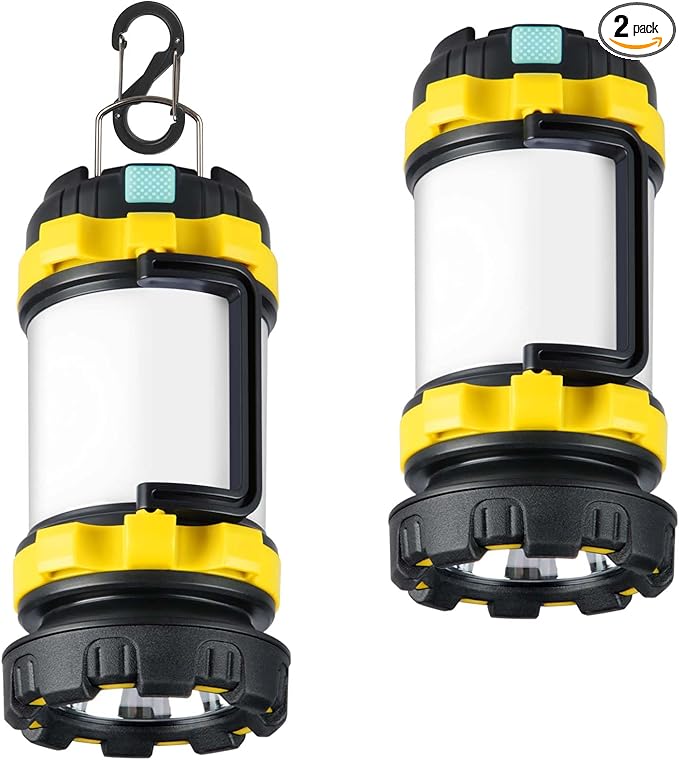 BOBKID 2 Pack Camping Lantern, Outdoor LED Camping Light, Rechargeable Flashlights with 1000LM, 6 Modes, IPX5 Waterproof Portable Emergency Camp Light for Hurricane Survival - Yellow