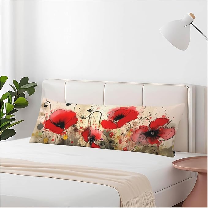 Red Poppy Decorative Body Pillowcase 20"X54", Watercolor Poppies Red Outdoor Body Pillow Covers Throw Pillow Cushion Covers Oversized Body Pillow Cases for Home Patio Office