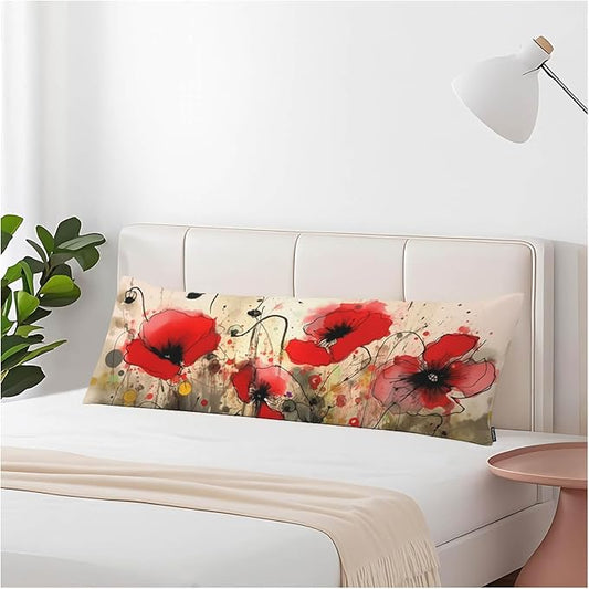 Red Poppy Decorative Body Pillowcase 20"X54", Watercolor Poppies Red Outdoor Body Pillow Covers Throw Pillow Cushion Covers Oversized Body Pillow Cases for Home Patio Office
