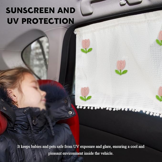 Car Side Window Sun Shade Privacy Curtain for Baby, Suction Cup Window Shade, 25"x18" Car Cartoon Sunshade Protector Heat Blocker Cover, Privacy Curtain for Kids Women (Five Tulips)