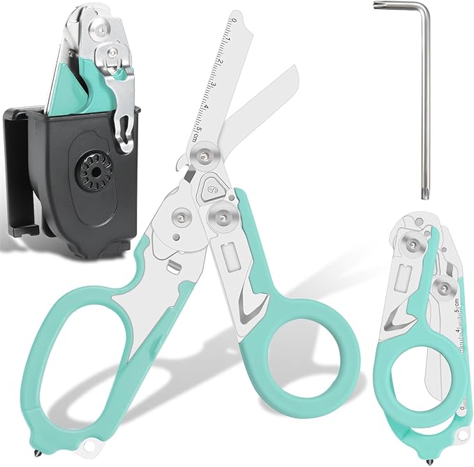 6-in-1 trauma shears - emergency responders, outdoor emergencies, medical staff, and outdoor camping, Gift box packaging with scissors storage K sheaths (Aqua blue)