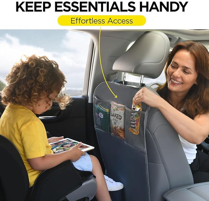 lebogner Back Seat Cover for Kids + 3 Pocket Storage Organizer, 2 Pack X-Large Multifunctional Kick Mats Backseat Protector, Car Seat Back Protectors for Vehicles to Protect from Dirt & Scuffs, Grey