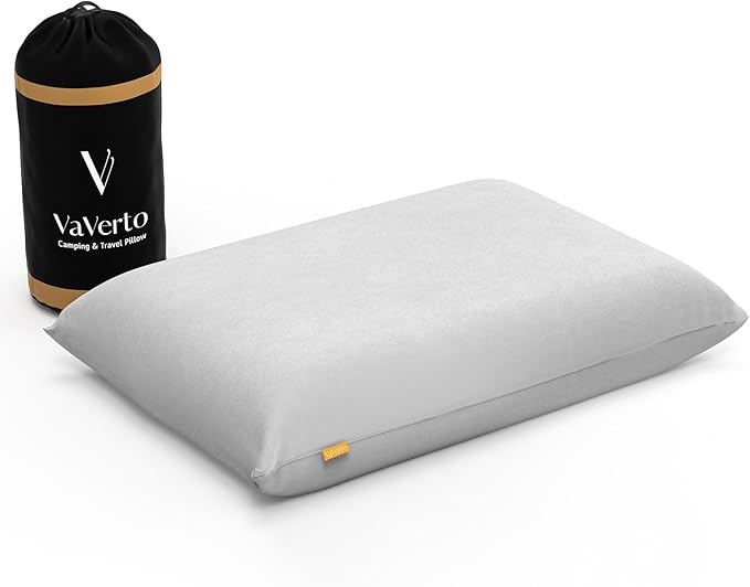 Vaverto Camping Pillow, Medium Firm Memory Foam Travel Pillow, Compressible & Portable, Breathable Washable Cover, Backpacking, Airplane & Car Travel, 12" x 18"