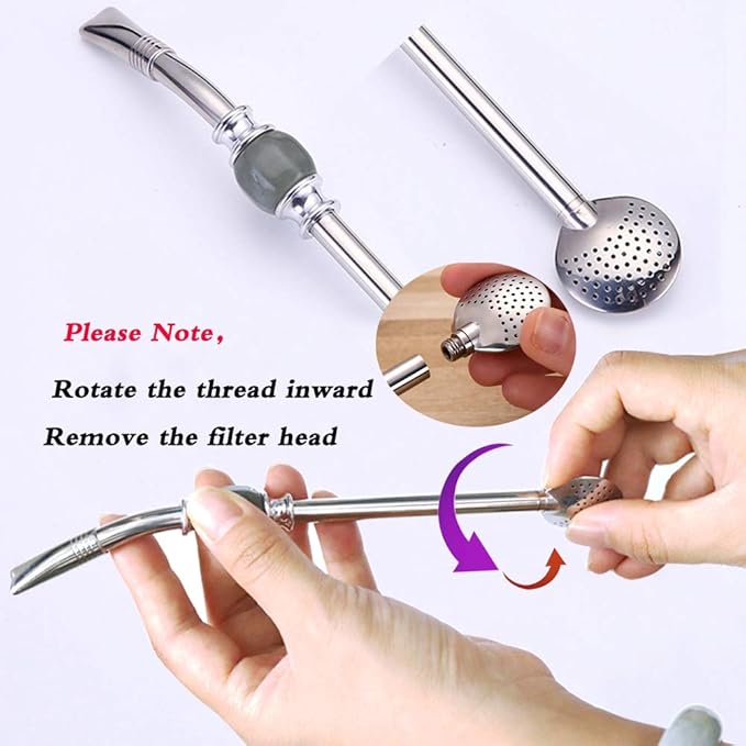 Set of 2 Premium big Yerba Mate stainless steel straws 8.2'' long - Bombillas for Mate gourd drinking,removable head filter, with Cleaning Brush (Gray-Black 2+1)