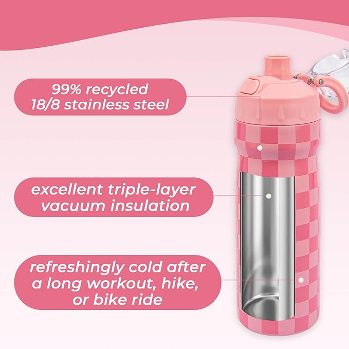 Kids Water Bottle with Straw 18 oz - Stainless Steel Insulated Tumbler for Gym & Bike (Fits Holders) - Leak Proof Pop-Up Lid, 2-in-1 Sip or Chug, Handle & Cute Pink Checkered Print