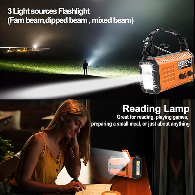 Weather Radio AM/FM/NOAA, Hand Crank Emergency Radio Flashlight, 20000mAh Battery Operated Cell Phone Charger, Solar Powered, Reading Lamp, Headphone Jack, SOS & Compass for Home Emergencies