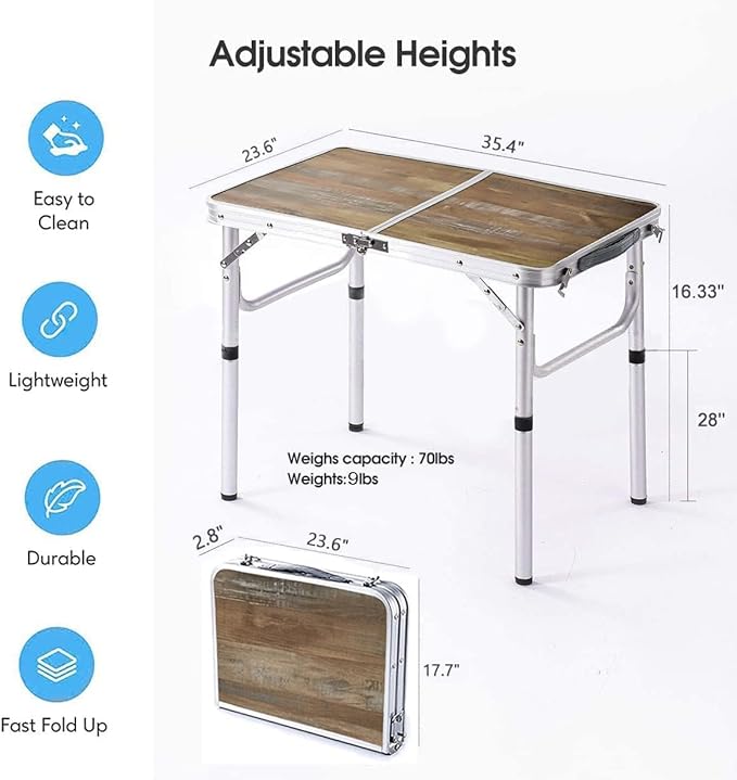 YUFIFAIRY Aluminum Camp Table, Folding Table Portable,Lightweight,Foldable with 2 Adjustable Height, Indoor Outdoor Table for Cooking, Picnic, (2 Heights), 36''L x24''W