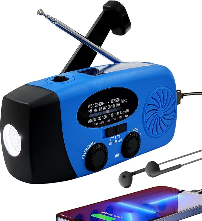 iRonsnow Solar Emergency Hand Crank Weather Radio, Portable Self Powered NOAA AM/FM Radios with SOS Alarm LED Flashlight 5000mAh Smart Phone USB Charger for Camping (Blue)