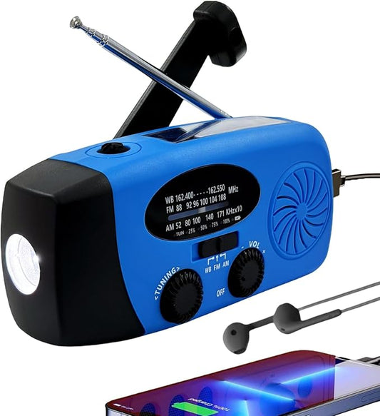 iRonsnow Solar Emergency Hand Crank Weather Radio, Portable Self Powered NOAA AM/FM Radios with SOS Alarm LED Flashlight 5000mAh Smart Phone USB Charger for Camping (Blue)