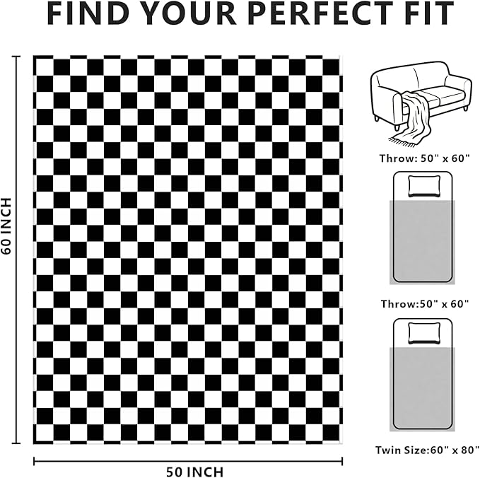 Edenleaf Checkered Blanket Flannel Throw Blankets Soft Cozy Checkered Grid Print Chessboard Gingham Pattern Throws for Bed Sofa Couch for All Seasons, 50x60 Inch, Black