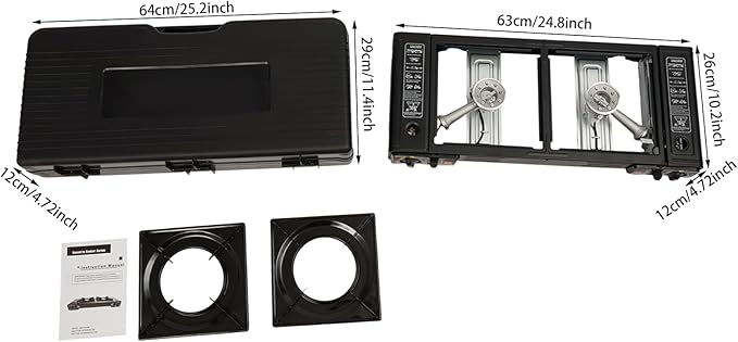 Portable Camping Stove｜24,000 BTU Dual Burner Gas Grill w/Removable Case｜Compact 24.8" Outdoor Cooker for RV Tailgating｜Stainless Steel 2-Burner Propane Stove