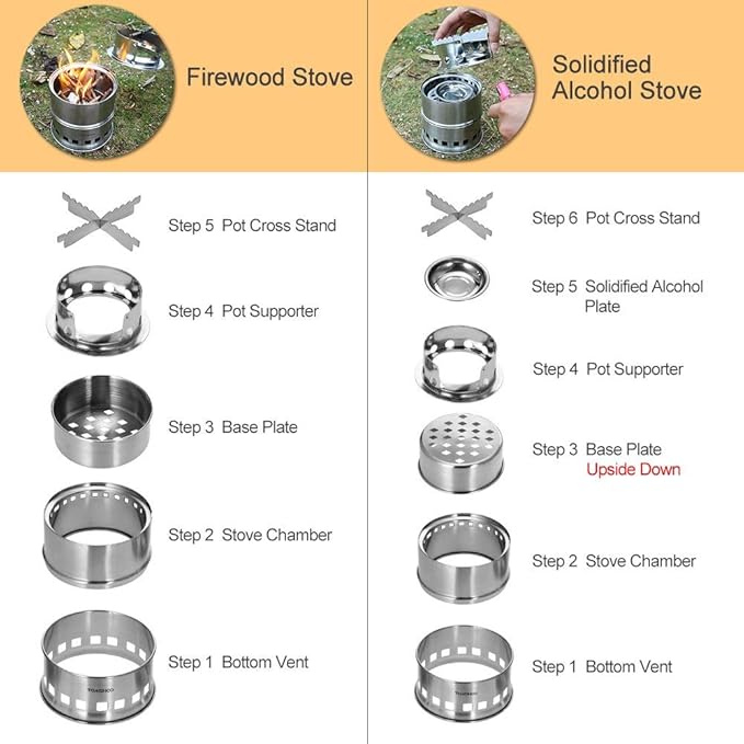 TOMSHOO Portable Folding Windproof Wood Burning Stove Compact Stainless Steel Alcohol Stove Outdoor Camping Hiking Backpacking Picnic BBQ