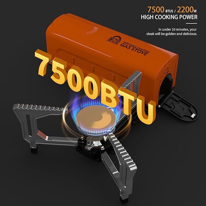 INFOOD Portable Butane Gas Camping Stove - 7500 BTU Compact Folding Design with Carry Bag for Backpacking, RV Trips, Picnic & Outdoor Indoor Cooking, Orange