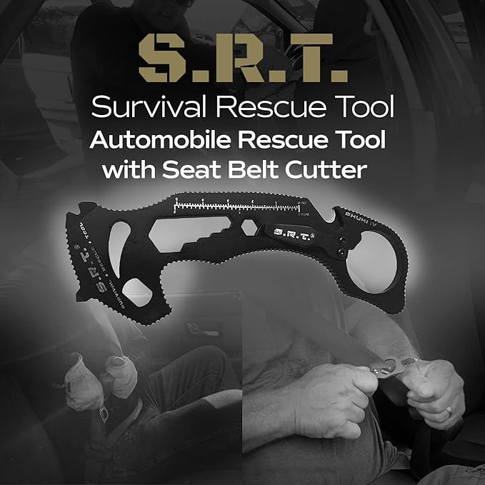 S.R.T. Survival Rescue Tool - 14 Function Premium Rescue Multitool for Everyday Carry Personal Protection Applications - Automobile Rescue Tool with Seat Belt Cutter and Window Breaker - TSA Compliant