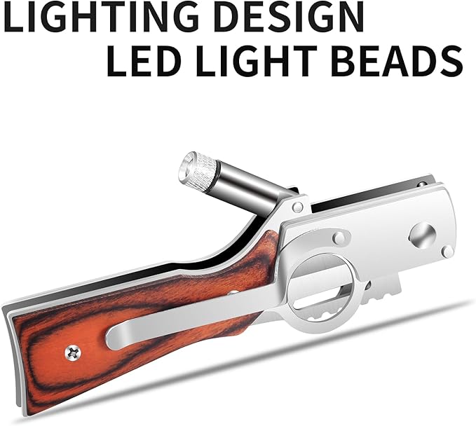 AK47 Style Tactical Folding Knife 4-Pack – Bulk Set with LED Light, Wood Handle, Laser Engraving Ready, Groomsmen Gifts for Men, Outdoor Camping Hiking Gear (4)