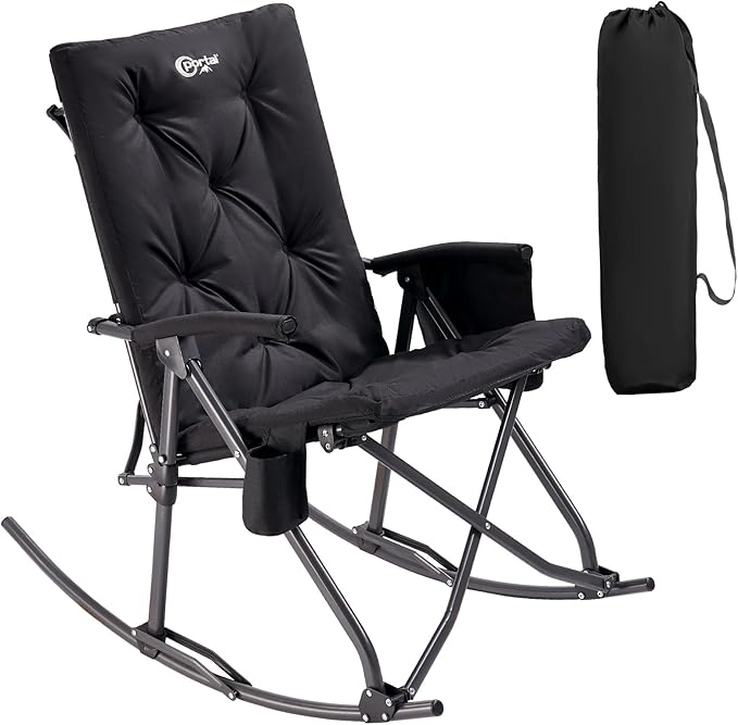 Portal Folding Rocking Camping Chair Outdoor - Thick Padded Rocking Recliner Chair Portable Camping Rocker for Patio Front Porch Backyard Lawn Living Room, Supports 400 LBS