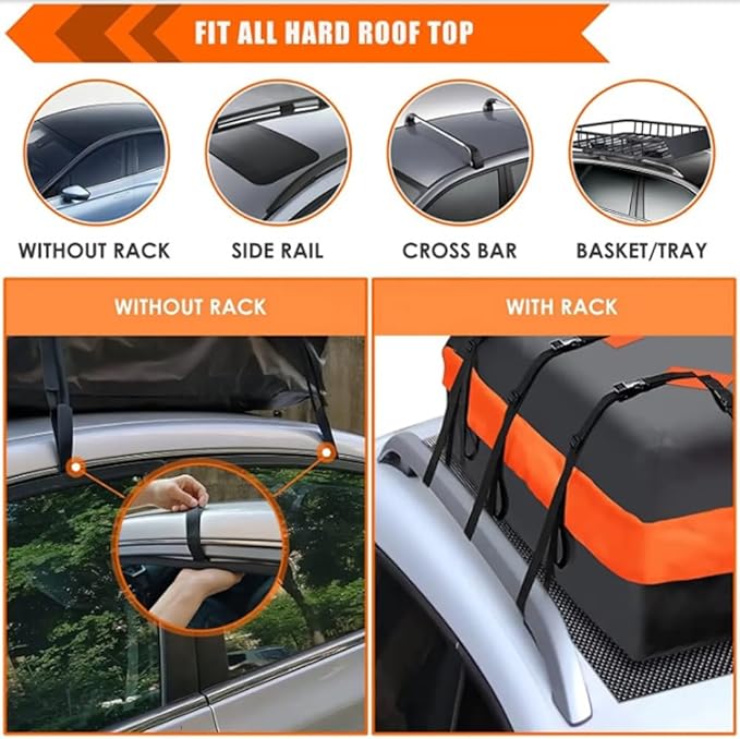 Waterproof Rooftop Cargo Bag All Weather Roof Rack Carrier Heavy Duty Cross Bars Adjustable Strap 55" W x 35" D x 15" H Soft Car Foldable Luggage Storage Universal Fit SUV Trunk Pickup Truck Bed