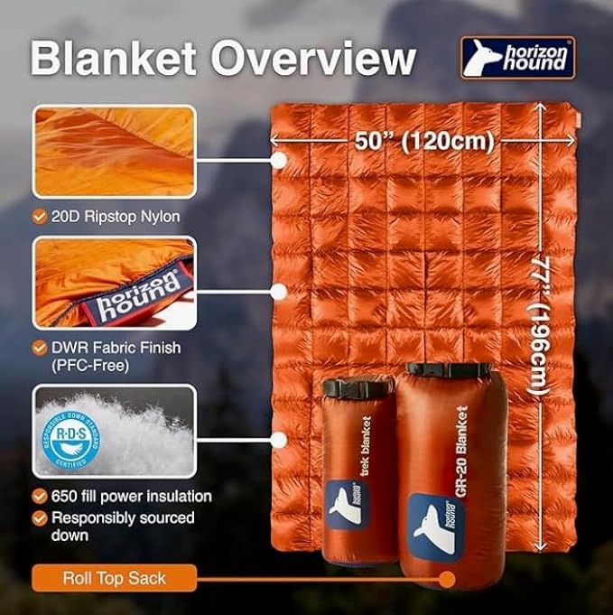 Horizon Hound Puffy Down Camping Blanket - Outdoor Travel Quilt | Sustainable, Insulated, Lightweight & Warm Gear for Sleep, Camping, Stadium, Hiking & Festivals | Water Resistant, Packable & Compact