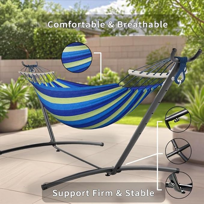 ANAGOO Double Hammock with Stand, 2 Person Hammock with Carrying Bag,Heavy Duty Portable,500 lb Capacity, Perfect for Both Indoors and Outdoors，Ocean Breeze