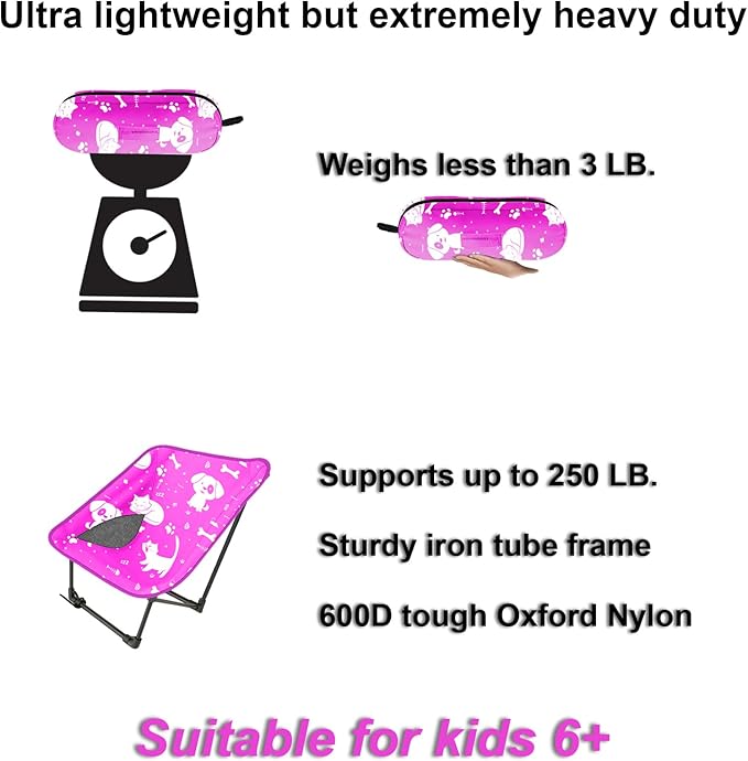 Youth and Kids Camping Chair | Ultra Lightweight, Foldable and Heavy Duty | Ideal Indoor/Outdoor Kid Chair for Camping, Beach, Sports and Lawn (Pink)
