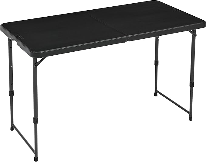 Amazon Basics Portable 4 Ft Rectangular Folding Dining Table, 4 Adjustable Height Settings, Space Saving Fold-in-Half Design and Carrying Handle, Indoor & Outdoor, Washed Black, 47.8 x 23.9 x 33.9 in