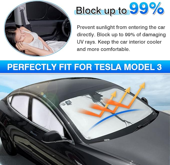T TGBROS Windshield Sun Shade for Tesla Model 3 2018-2025 2026 Car Window Shades Thicken UV Block and Blackout Privacy Foldable Sunshades 7PCS Keep Cool Sun Visor Covers