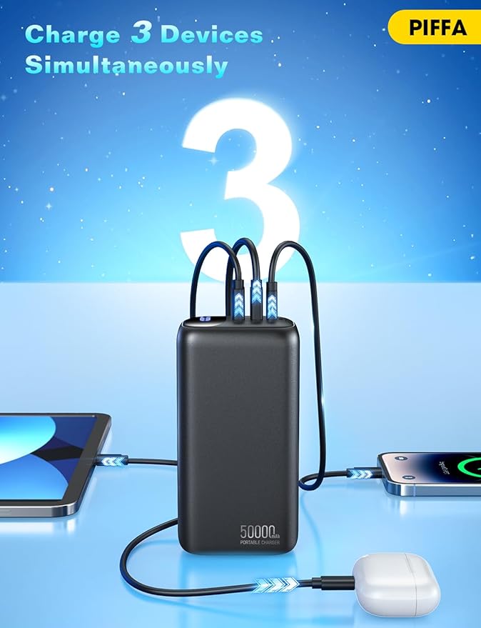 PIFFA Portable Charger Power Bank - 50000mAh Battery Pack, 22.5W Fast Charging Powerbank,Travel Essential for Portable Phone Charger, USB-C Phone Charger for iPhone 17/16/15/14/13 Samsung Google etc