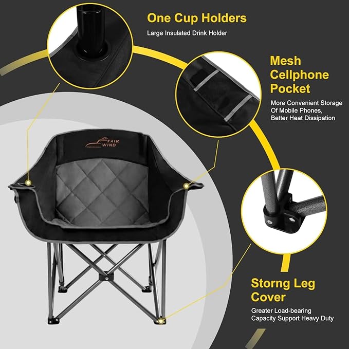 FAIR WIND Oversized Padded Camping Chair Heavy Duty Quad Fold Arm Chair Portable for Outdoor - Support 500LBS, Black