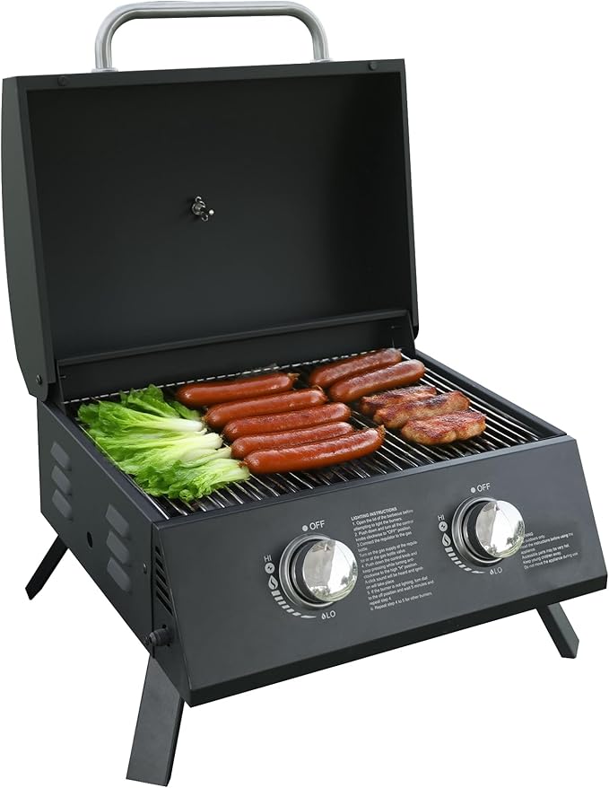 Portable Grill Propane. Portable Gas Grill With Dual Burners,Table Top Grill Propane Twist-Start Ignition, Perfect For Camping, Tailgating, And Grilling, With Easy Installation.