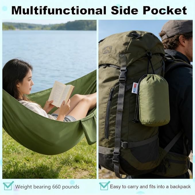 Camping Hammock, Portable Hammocks with Tree Straps & Attached Carry Bag, Travel Tree Hammocks for Outside Indoor Hiking Beach Backpack Travel(Green, Polyester Pongee)