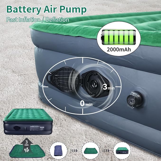 Queen Air Mattress with Built in Pump/USB-C Rechargeable Detachable-16'' Double High Inflatable Air Bed for Camping, Home&Guests, 3 Min Self Inflating/Deflating Top Flocking Blow Up Bed with Carry Bag