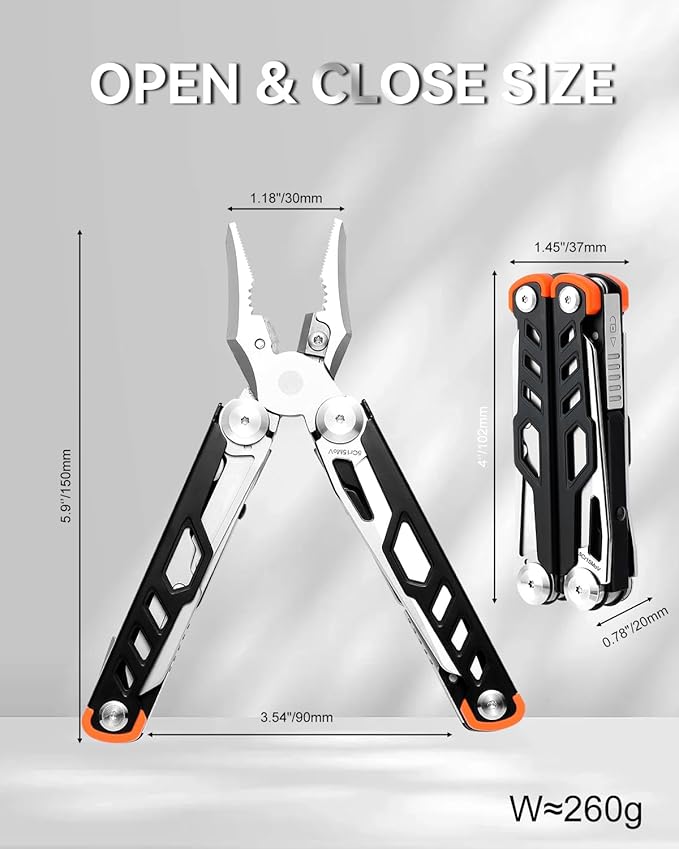 Multitool 15-in-1 Stainless Steel Multi Tool Pliers with Knife, Spring-Action Pliers and Scissors, Multitool for Survival, Camping, Hiking, Gifts for Men (Black)