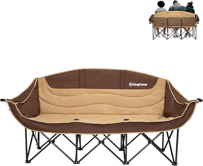 KingCamp 3 Person Camping Chair, Oversized 1100lbs Heavy Duty Loveseat for Adults Portable Folding XL 2 Person Couch Padded Comfortable Three Seat with Cup Holder for Outdoor Lawn, Khaki/Coffee