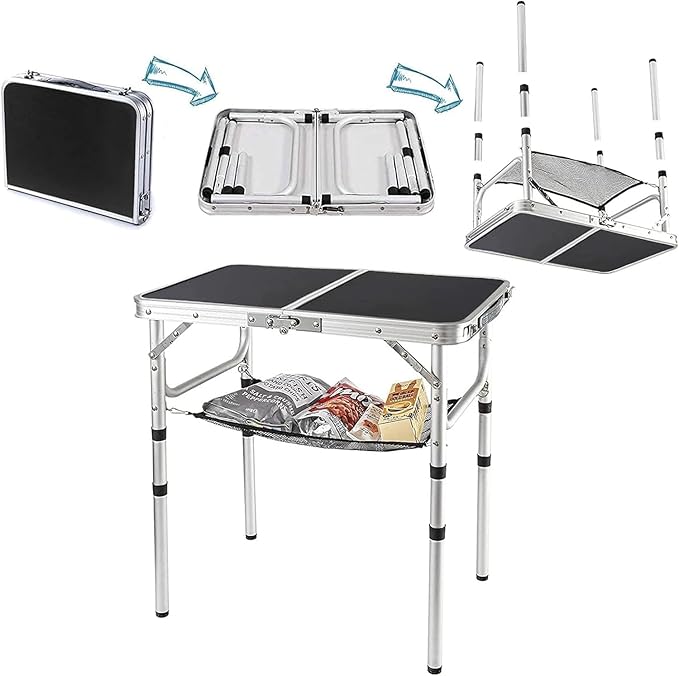 YUFIFAIRY Small Folding Table 2 Foot, Portable Camping Table with Mesh Holders,Lightweight Aluminum Adjustable Height, with Carry Handle for Camping Picnic Indoor Outdoor, White 24 x 16 inch (Black