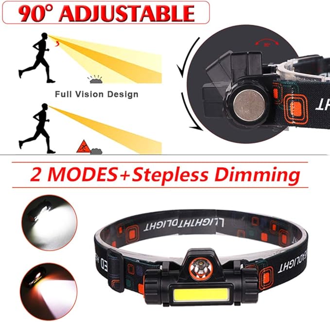 2 Pack Rechargeable Forehead Head Light - Night Walking Construction Headlamp USB 2000 Lumens Waterproof LED Lights Rotation Adjustment Modes for Camping Fishing Garage Work Headlight Flashlight