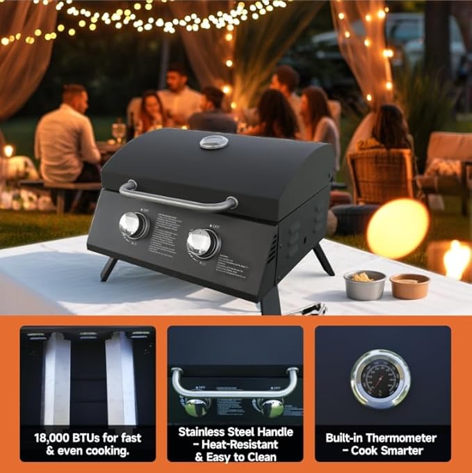 Portable Grill Propane. Portable Gas Grill With Dual Burners,Table Top Grill Propane Twist-Start Ignition, Perfect For Camping, Tailgating, And Grilling, With Easy Installation.