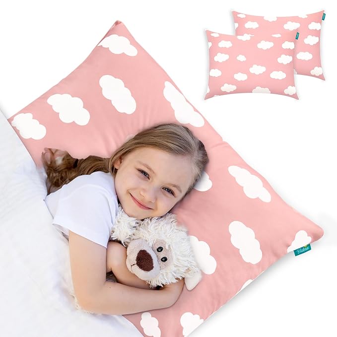 Biloban Toddler Pillow for Sleeping, Kid Pillow 14" x 19" for Small Travel Bed, Nap Pillows, Soft & Skin-Friendly Small Pillows for Sleeping, Toddler Use Only, Age 2 to 5 (Pink Cloud)