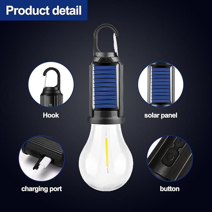 Solar Tent Lamp Portable LED Tent Lights, Hook Hurricane Emergency LED Camping Light Bulb, USB Rechargeable Lantern Bulb for Camping Hiking Backpacking Fishing Outage (3)