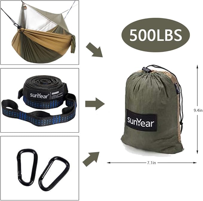 Sunyear Hammock Camping with Rain Fly Tarp and Net, Portable Camping Hammock Double Tree Hammock Outdoor Indoor Backpacking Travel & Survival, 2 Tree Straps,100% Waterproof
