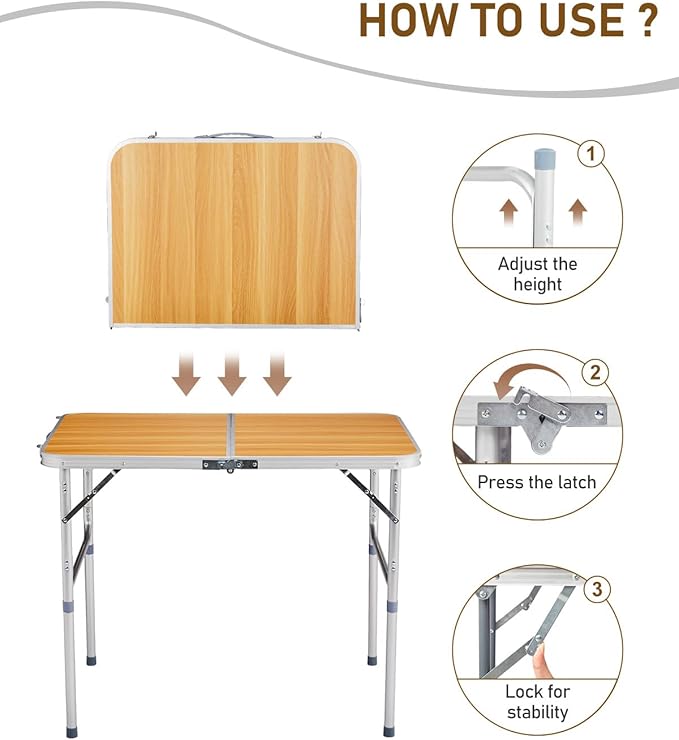 Outvita 3ft Portable Folding Camping Table, Outdoor Waterproof Adjustable Height Table, Aluminum Lightweight Suitcase Foldable Table for Picnic BBQ Beach Dining